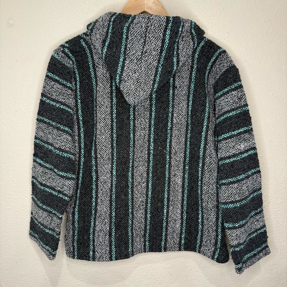 Iguana Jack Woven Baja Mexican Hoodie Southwest Grey/Teal Pullover Kid’s Size XL - Picture 3 of 11